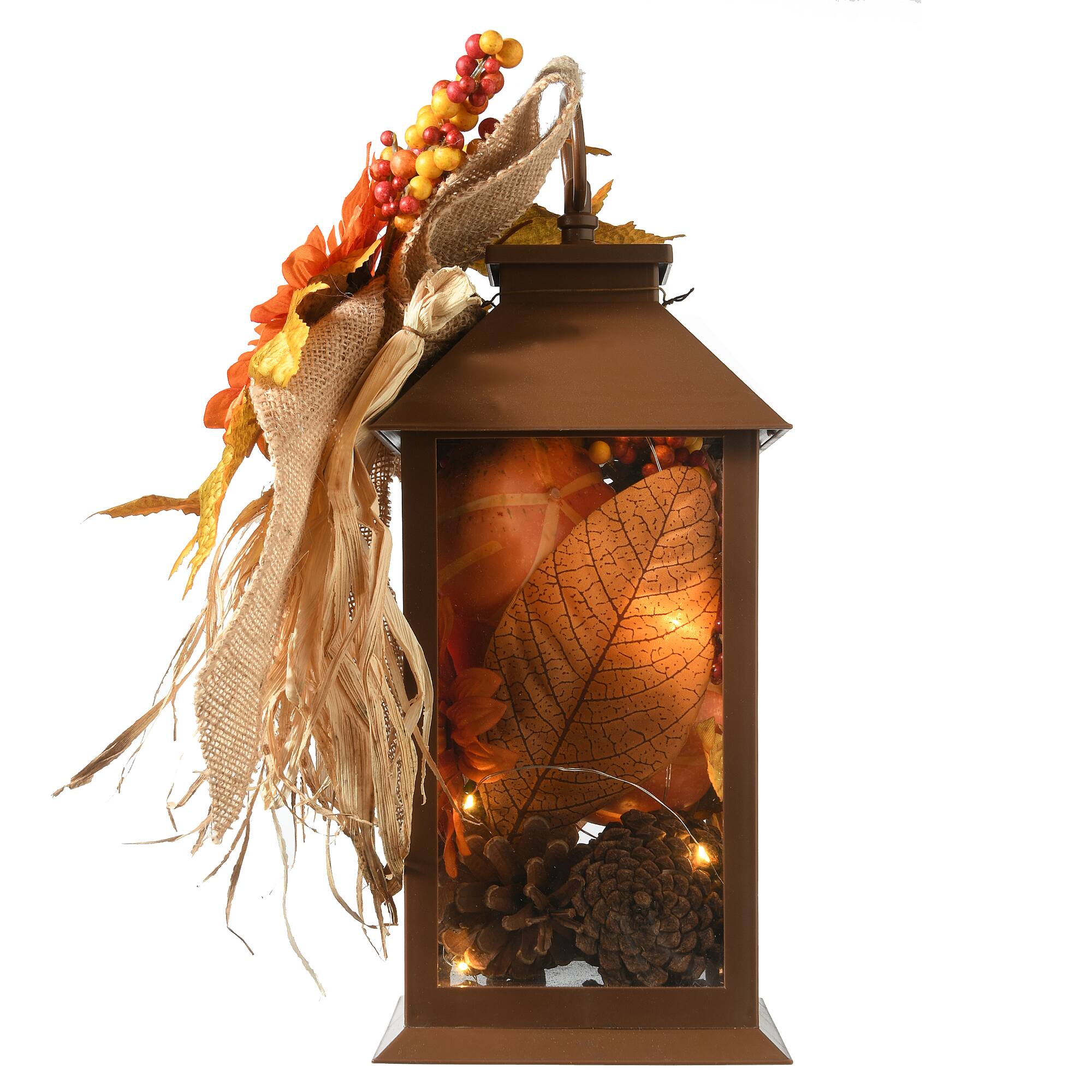 12" Decorated Autumn Lantern with LED Lights
